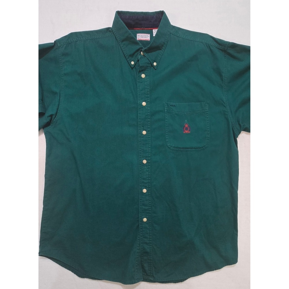 Bugle Boy Company Mens XL Button Down Shirt Green Short Sleeve‎ Crest Logo